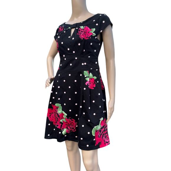 Nanette Lepore Women's Black Red Floral Polka Dots Cap Sleeve Mini Dress Size 6 - Picture 5 of 7